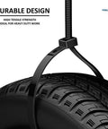 4 Inch Black Zip Ties 100 Pack With 18 Lbs Tensile Strength Self Locking UV Resistant Nylon Wire Ties holding tire