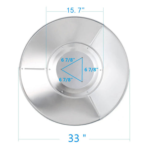 Patio Heater Reflector Shield Top Aluminum Dome For Outdoor Propane Heaters 33 Inch Diameter, shows dimensions and 3-hole mount