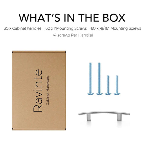 Image showing box contents for Brushed Nickel Cabinet Handles Set 30 Pack Slim Curved Drawer Pulls 5 3 16 Inch Length With 3 Inch Hole Centers
