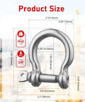 Rock Solid 3/8 Inch 304 Stainless Steel D Ring Tow Shackles Hella Rust Resistant Marine Clevis Hook dimensions with size details.