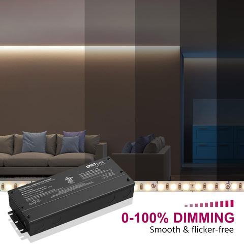 Beefy Dimmable LED Driver 300W AC 110 to 277V Input DC 24V Output Five In One Dimming, showing dimming effect in a living room.