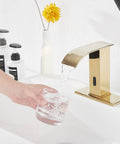 Automatic Sensor Touchless Bathroom Sink Faucet in Polished Gold with Drain Assembly and Vanity Mount Hands Free Waterfall Tap