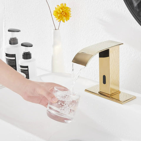 Automatic Sensor Touchless Bathroom Sink Faucet in Polished Gold with Drain Assembly and Vanity Mount Hands Free Waterfall Tap