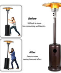 Eyoloty universal patio heater wheel kit installed on tall propane heater with stainless steel bracket for easy mobility