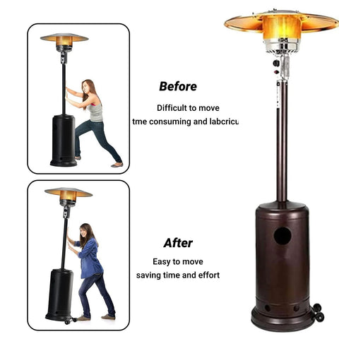 Eyoloty universal patio heater wheel kit installed on tall propane heater with stainless steel bracket for easy mobility
