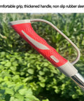 Scythe Tool Sickle Garden Tool With Long Handle featuring ergonomic red grip, thickened handle, against a garden background.