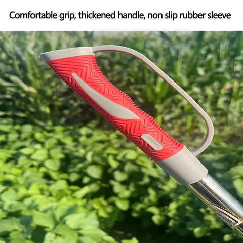 Scythe Tool Sickle Garden Tool With Long Handle featuring ergonomic red grip, thickened handle, against a garden background.