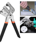 Heavy Duty Stud Crimping Tool For Drywall 10 Inch Steel Alloy Pliers Easy To Use Crimper shown in use and close-up with gypsum board