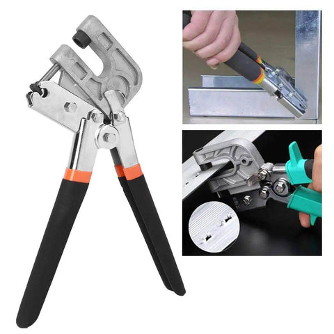 Heavy Duty Stud Crimping Tool For Drywall 10 Inch Steel Alloy Pliers Easy To Use Crimper shown in use and close-up with gypsum board