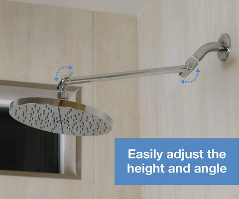 Adjustable Brass Shower Arm Extension with Chrome Finish for Standard Showers 11 Inch showing angle adjustment feature.