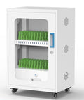 Premium White Aluminum Charging Cabinet Featuring Secure Locking Drawers For Thirty Laptops Tablets And Phones with green device slots.