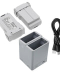 Rugged Drone Charger For DJI Mini 3 And Mini 3 Pro With Durable Outer Layer Cable Protection And Reliable Power 1 Year Warranty Safe Fast Charging On The Go, shown with batteries and USB cable.