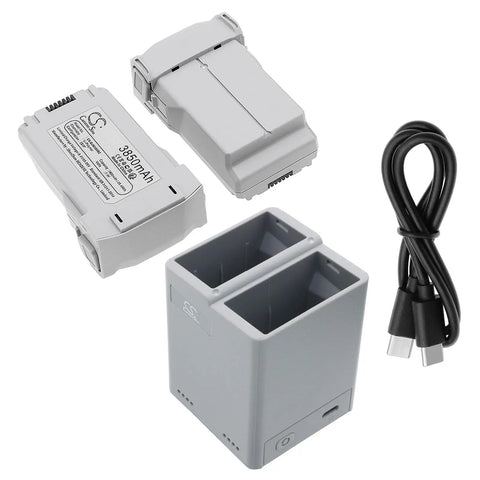 Rugged Drone Charger For DJI Mini 3 And Mini 3 Pro With Durable Outer Layer Cable Protection And Reliable Power 1 Year Warranty Safe Fast Charging On The Go, shown with batteries and USB cable.