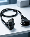 IEC C14 To C13 Power Extension Cable, Right Angle C90 Design, 60 Cm Panel Mount Cord, Solid Copper Core, Smooth Rig Routing, Knockout Solution For Cabinets And Server Workstations on a flat surface.