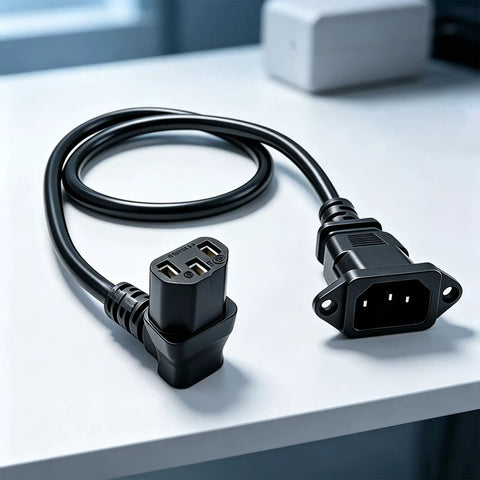 IEC C14 To C13 Power Extension Cable, Right Angle C90 Design, 60 Cm Panel Mount Cord, Solid Copper Core, Smooth Rig Routing, Knockout Solution For Cabinets And Server Workstations on a flat surface.
