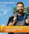 Technician with thumb up in front of appliance system with text on award-winning service and repair issues.