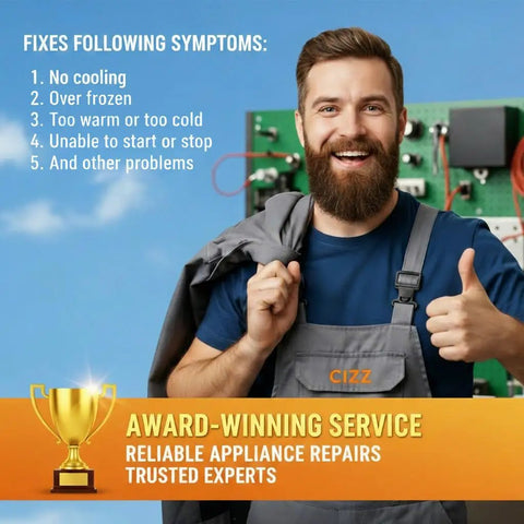 Technician with thumb up in front of appliance system with text on award-winning service and repair issues.