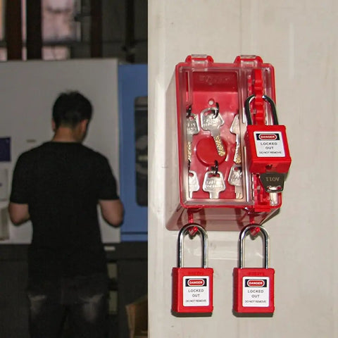 Heavy Duty Lockout Tagout Lock Box For Group Padlock Safety Station, Wall Mounted With 8 Locking Positions And 1 Key Slot