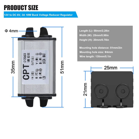3 Pack Buck Converter 12V To 6V DC Step Down Regulator with dimensions, aluminum shell, and 3A 18W output for automotive use