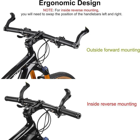Bicycle with Long Ergonomic Bike Handlebar Ends No Slip Grips Bar Extender For 21.8mm To 22.8mm Handlebars Pair in forward and reverse mounting