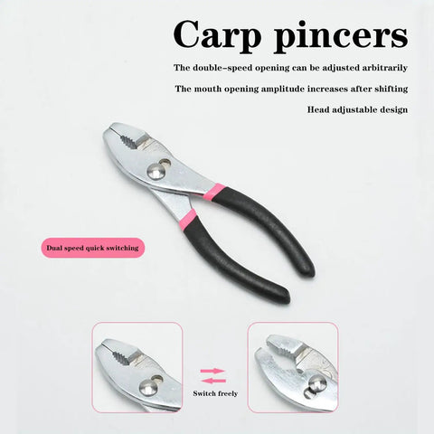 Close-up view of carp pincer tool with dual speed quick switching and adjustable head design on a white background.