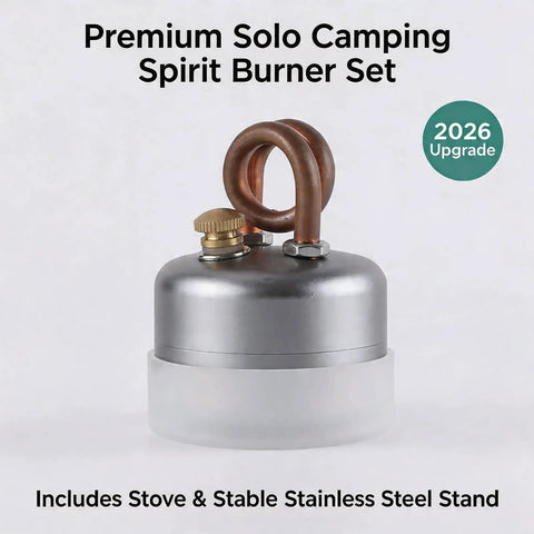 Close-up of High Power Mini Alcohol Stove Spirit Burner for Camping and Backpacking with stable pot stand