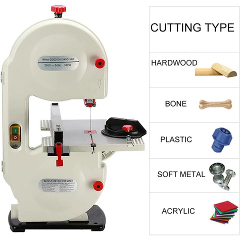 Hella Flexible 8 Inch Vertical Table Band Saw With Variable Speed Motor and 45 Degree Tilting Bench for precision cutting of wood, plastic, and metal.