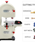 Badass 8 Inch Vertical Band Saw With Adjustable Tilt Table For Precision Curve Cuts Through Wood Metal Plastic And Bone side view showing parts and cutting capabilities.