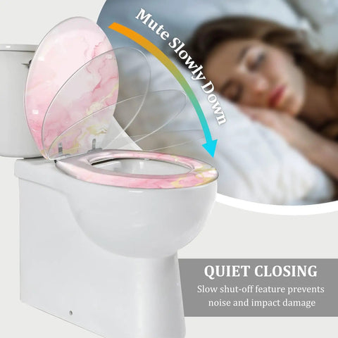 Elongated Toilet Seat Quiet Close Bathroom with pink marble design, showcasing the quiet closing feature on a toilet.