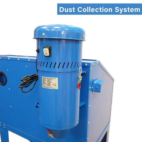 Close-up of Badass 1.75 HP Dust Collector For Sand Blast Cabinet Reclamation Systems, blue motor with power switch.