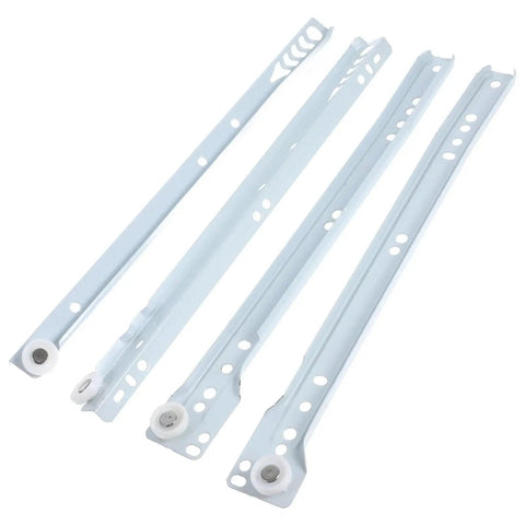 Heavy Duty Drawer Slides Kit Four Pack With Guides And Rollers for Kitchen Cabinets and Office Desks, white finish, durable rails