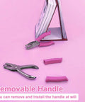 One Quarter Inch Hole Punch For Crafts With Pink Soft Grip Handle and Removable Handle, shown with pink handle parts on a pink background