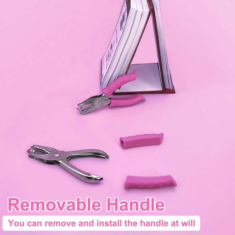One Quarter Inch Hole Punch For Crafts With Pink Soft Grip Handle and Removable Handle, shown with pink handle parts on a pink background