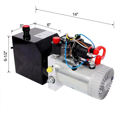 Aynuma 12 Volt Hydraulic Power Unit With 3 Horsepower Double Acting Pump And Three Quart Steel Tank, dimensions 14x6x6.5 inches.