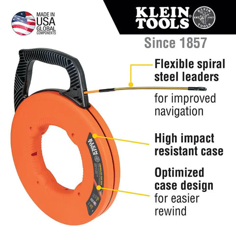 Non Conductive Fiberglass Fish Tape For Electricians, Heavy Duty 50 Foot 3 16 Inch Wire Puller With Steel Leader showing features