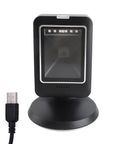 Built To Last Barcode Scanner With Wide Angle Lens For 1D 2D And QR Scanning, USB wired, desktop model with black ABS housing