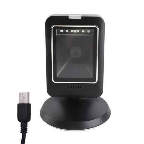 Desktop Barcode Scanner With Wide Angle Lens For Retail And Warehouse High Precision 1D 2D QR Scanning Fast Reads Like A Champ Easy Setup Black ABS Case 1 Unit with USB cable visible