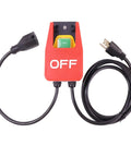 Emergency Stop Cover Switch Power Extension Cable 110V 120V Single Phase On Off Switch For Quick Safe Tool Shutdown And Easy Access Paddle Style Switch Setup For Table Saws Router Tables And Other Power Tools shown with black cable and red paddle cover.