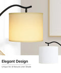 Close-up of Dope Modern LED Arched Floor Lamp With Natural Linen Shade in living room setting, highlighting the elegant arc and design.