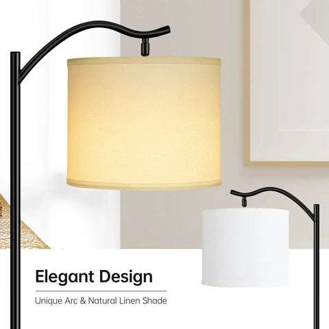 Close-up of Dope Modern LED Arched Floor Lamp With Natural Linen Shade in living room setting, highlighting the elegant arc and design.