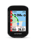 Front view of BSC300T Wireless Bike Computer GPS with two point four inch touch screen displaying a map and route