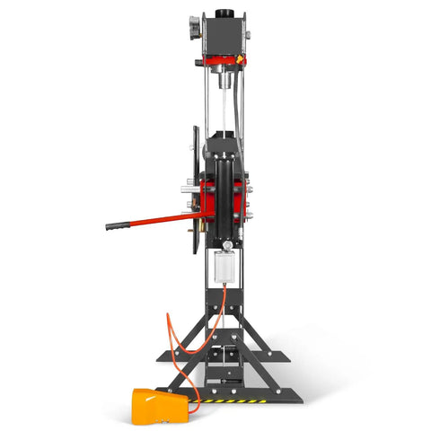 Side view of Beefy 30 Ton H Frame Air Hydraulic Shop Press with hand winch and pin kit, fully welded steel frame and foot pedal control.