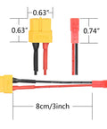 XT60 Female To JST Female Connector Adapter Kit 3 Pack With 20 AWG 3 Inch Cable shown with measurements and cable length details