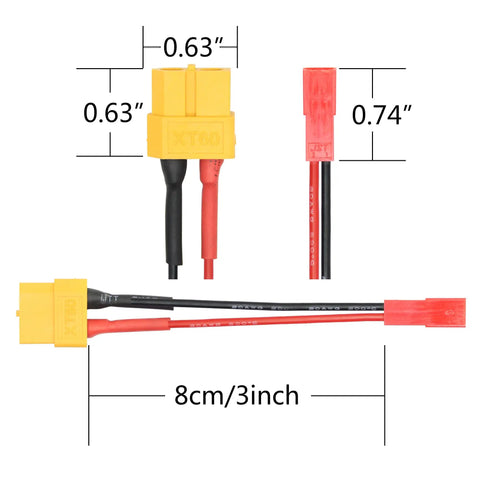 XT60 Female To JST Female Connector Adapter Kit 3 Pack With 20 AWG 3 Inch Cable shown with measurements and cable length details