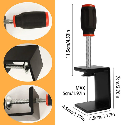 Go-To Heavy Duty C Clamps Set 2 Inch Wood Clamps With Metal Right Angle Brackets For Welding Carpentry Building And Household Mounts Rugged Aluminum Alloy With Silicone Grip Handle, close-up and side view with measurements.