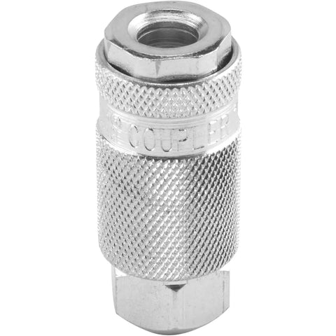1/4 Inch FNPT L Style Air Coupler Set Box Of 10 Durable Steel Pneumatic Fittings With Push To Release Sleeve, close-up view