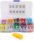 Heavy Duty 130 Piece Mini Car Truck Boat Blade Fuse Assortment Kit With Puller Tool Includes 3A To 40A Assorted Electronic Fuses For Road Ready Auto Repair And Badass Circuit Protection Built Rugged For Any Job in a clear plastic case showing assorted fuses.