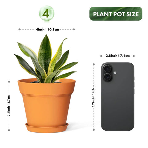 4 Inch Plastic Plant Pots With Drainage Holes And Trays, 8 Pack For Indoor And Outdoor Plants And Flowers, size comparison with phone