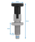Solid Heavy Duty Stainless Steel Indexing Plunger With Knurled Hex Knob And Bulletproof Spring Loaded Pin, 52mm length.