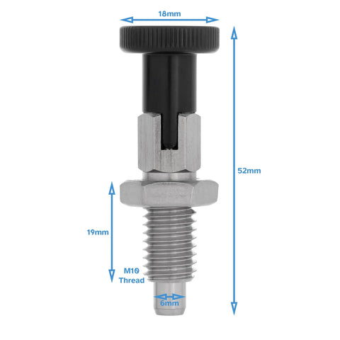 Solid Heavy Duty Stainless Steel Indexing Plunger With Knurled Hex Knob And Bulletproof Spring Loaded Pin, 52mm length.